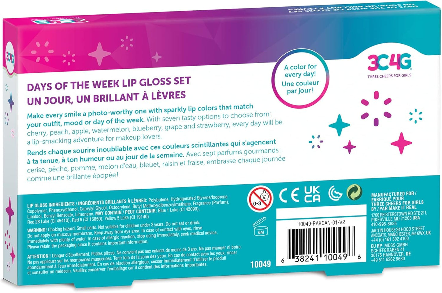 3C4G Days of the Week Lip Gloss Set - 7 Pack Kids Lip Gloss Kit - Clear Flavored Roll on Lip Gloss for Girls & Teens