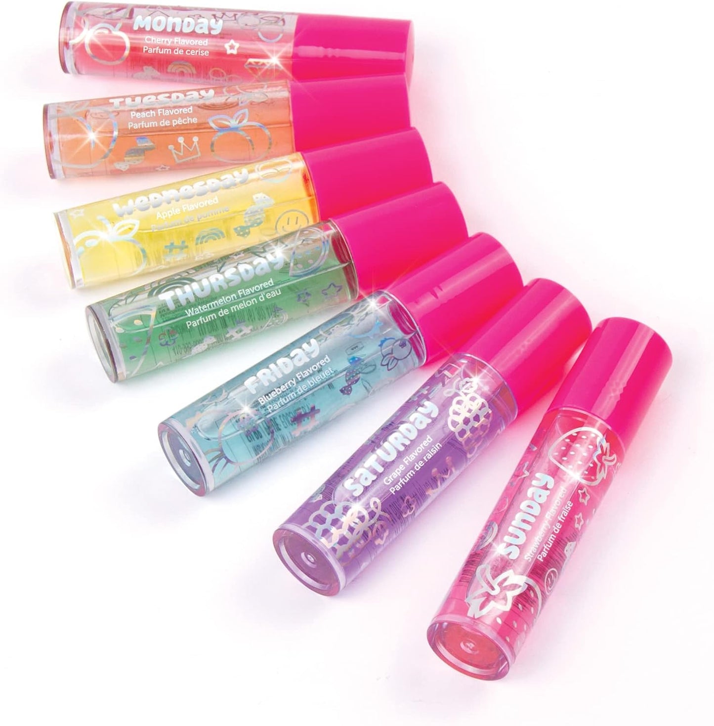 3C4G Days of the Week Lip Gloss Set - 7 Pack Kids Lip Gloss Kit - Clear Flavored Roll on Lip Gloss for Girls & Teens