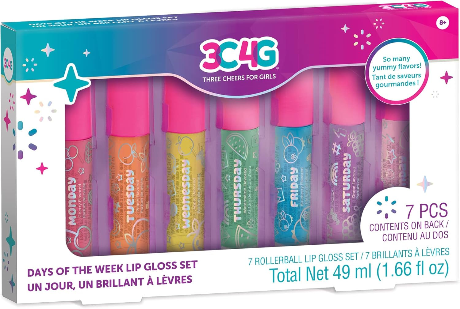 3C4G Days of the Week Lip Gloss Set - 7 Pack Kids Lip Gloss Kit - Clear Flavored Roll on Lip Gloss for Girls & Teens