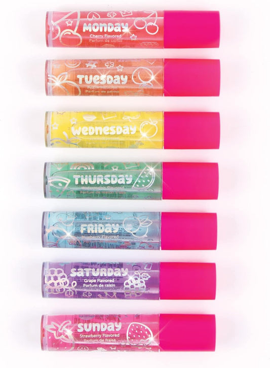 3C4G Days of the Week Lip Gloss Set - 7 Pack Kids Lip Gloss Kit - Clear Flavored Roll on Lip Gloss for Girls & Teens