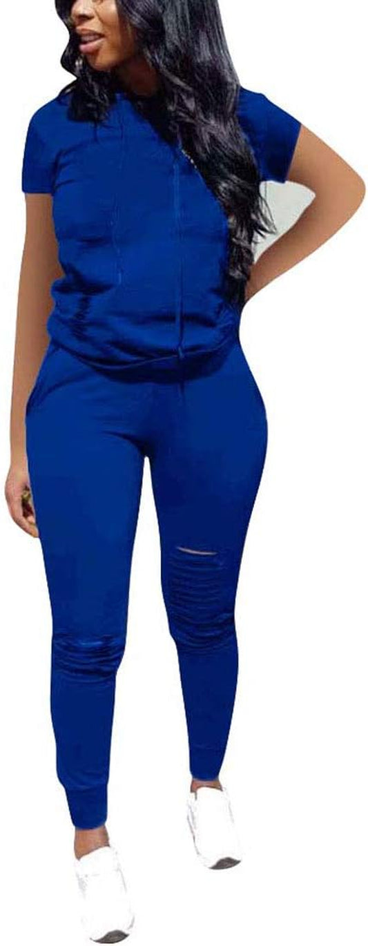 Women 2 Piece Tracksuit Outfits Casual Sports Short Sleeve Pullover Hoodie Sweatsuits Blue S